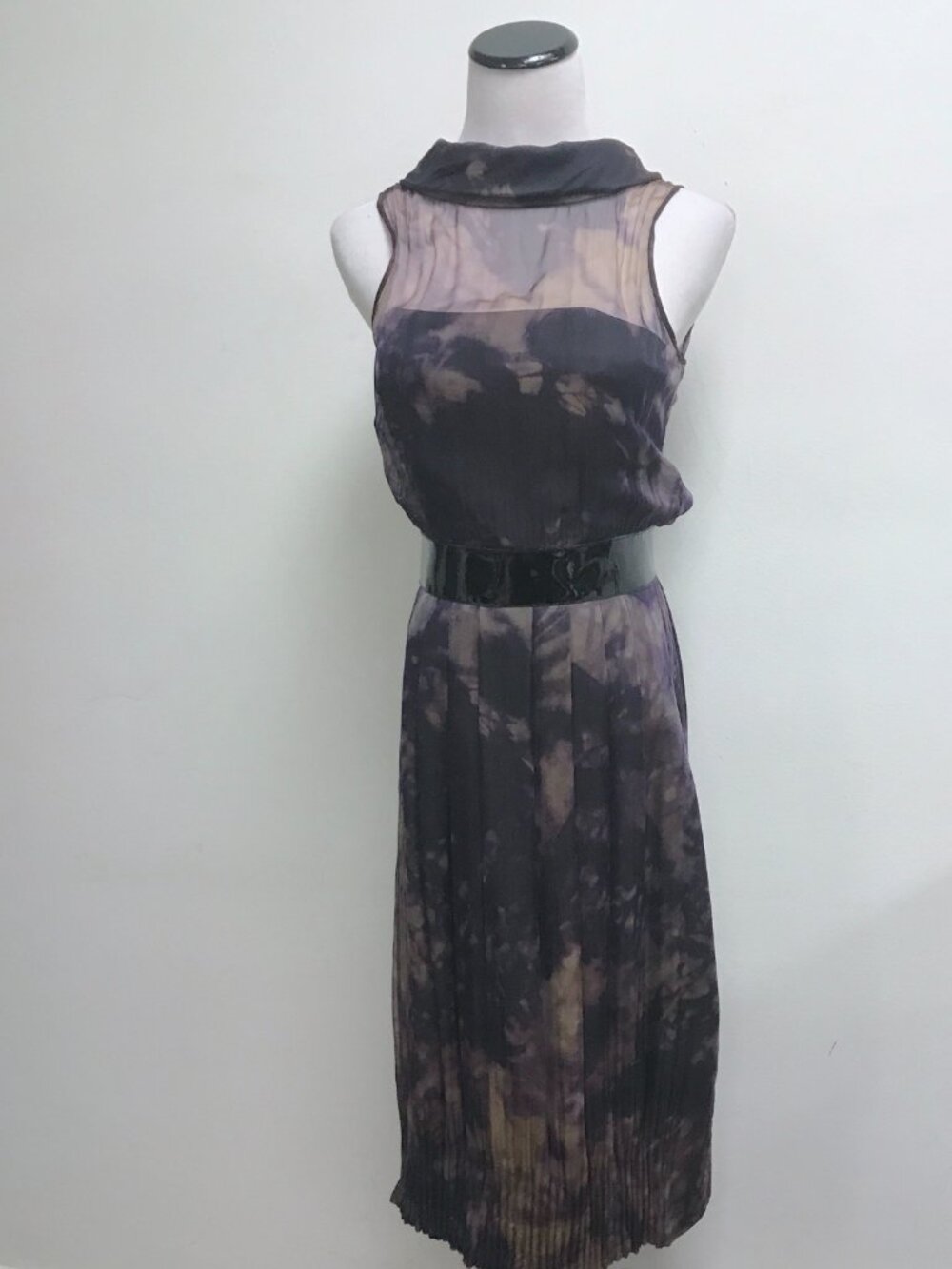 Rachel Ray silk midi party dress sleeveless tie dye patent leather belt 0